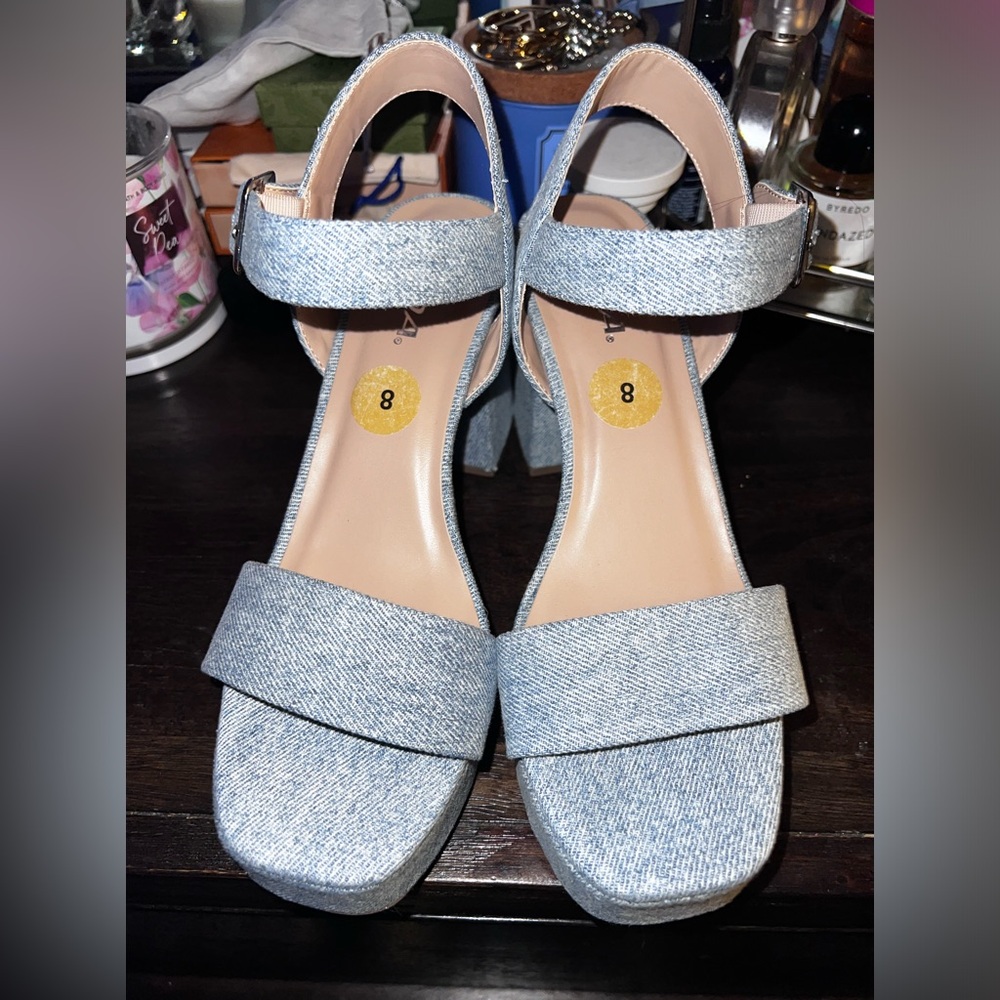 Denim platform heels with ankle strap